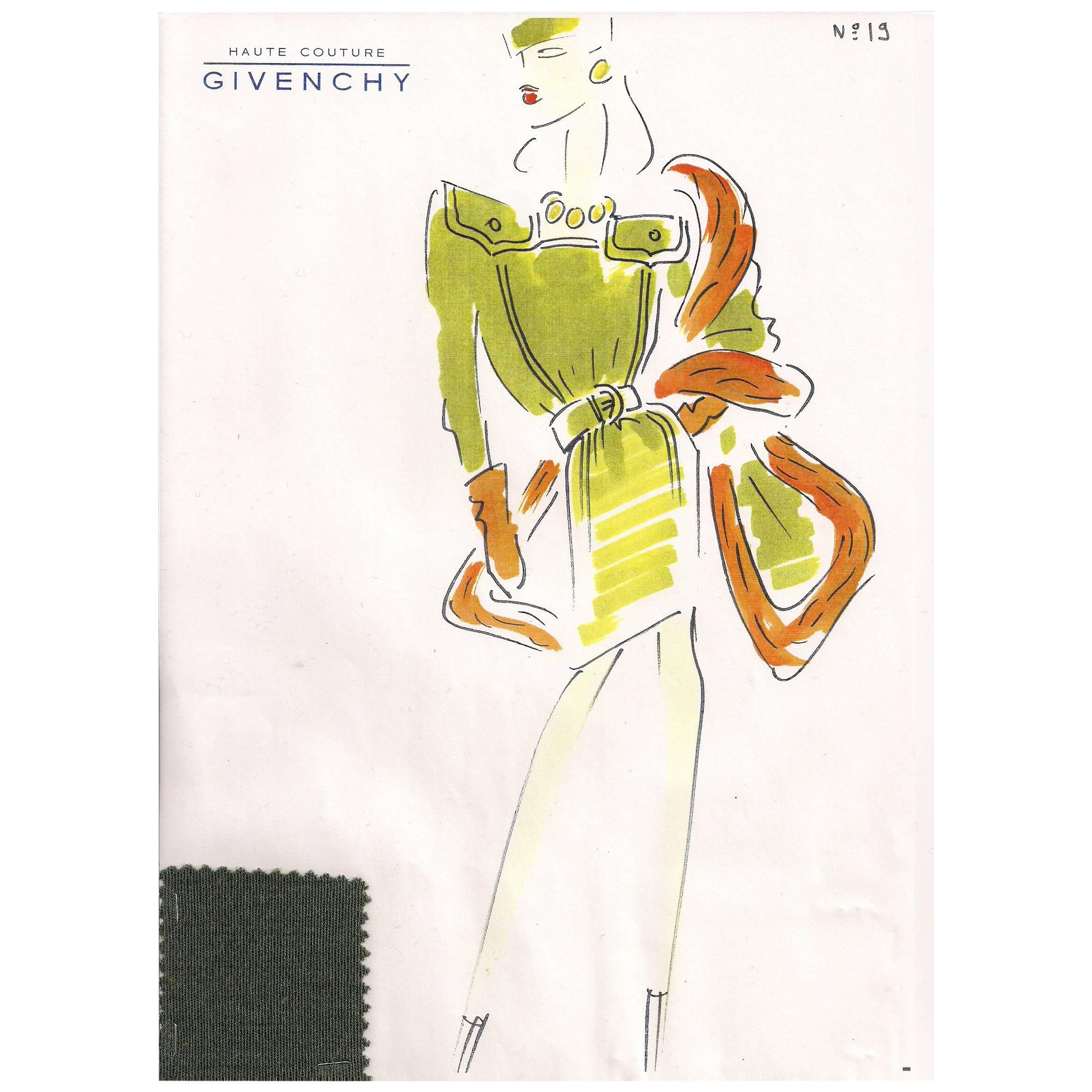 Givenchy Croquis of an Olive Green Dress and Shawl with Attached Fabric Sample