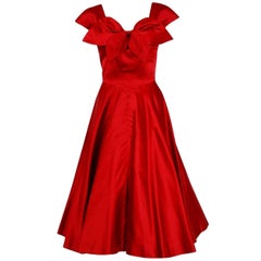 1955 Bill Blass for Anna Miller Red Satin Sculpted Bow Plunge Full-Skirt Dress