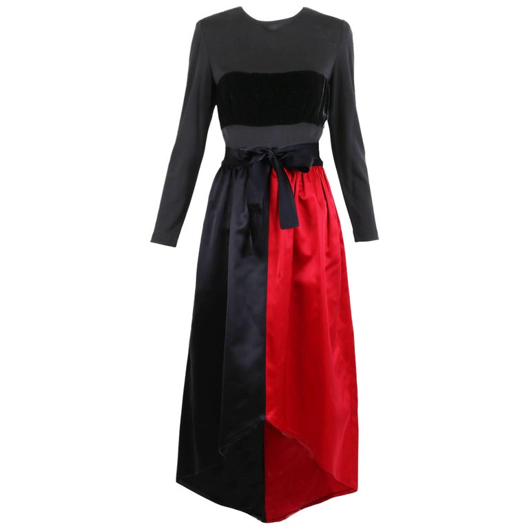 Bill Blass Red & Black Satin Evening Gown W/Illusion Top & Velvet Band