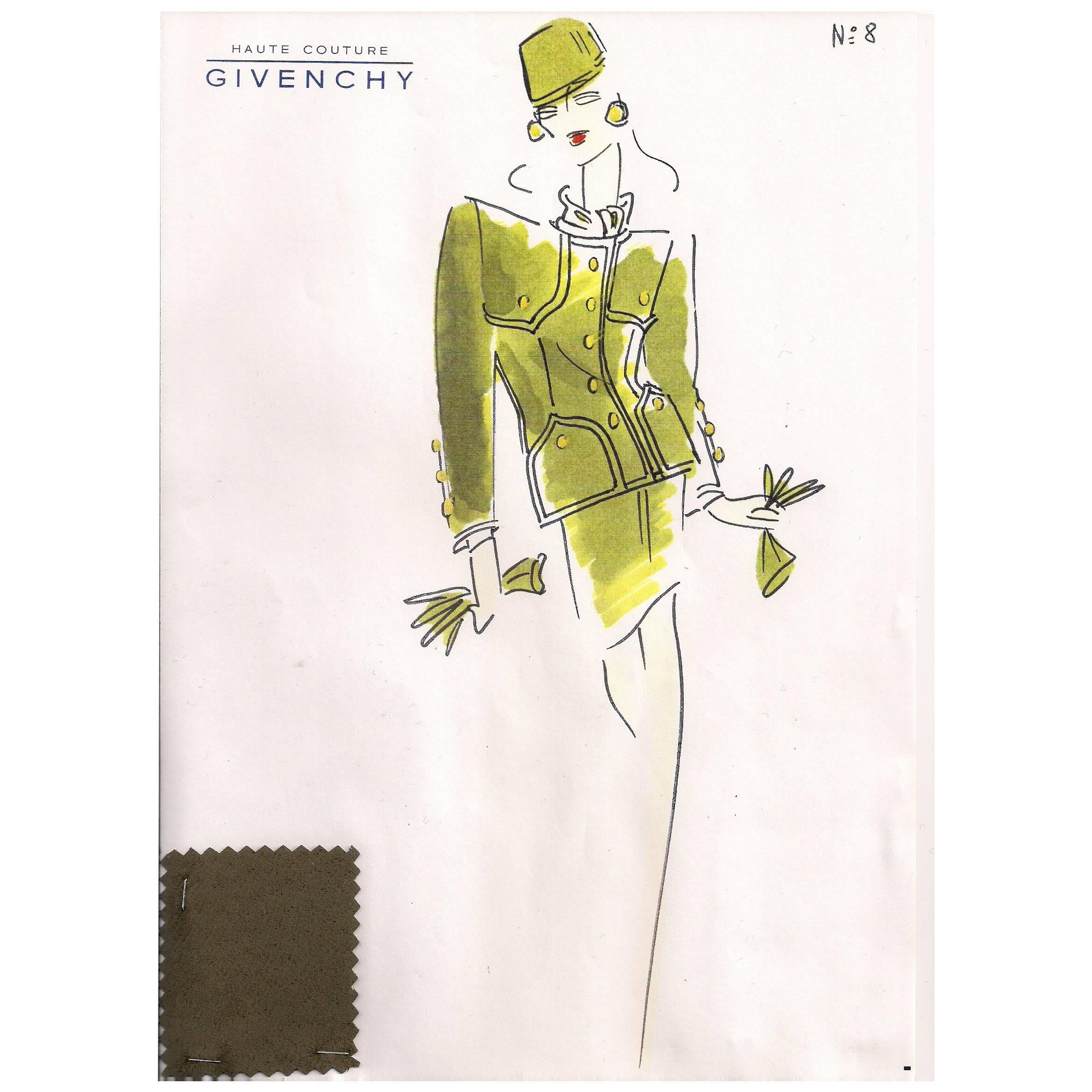 Givenchy Croquis of an Olive Green Suit with Attached Fabric Sample