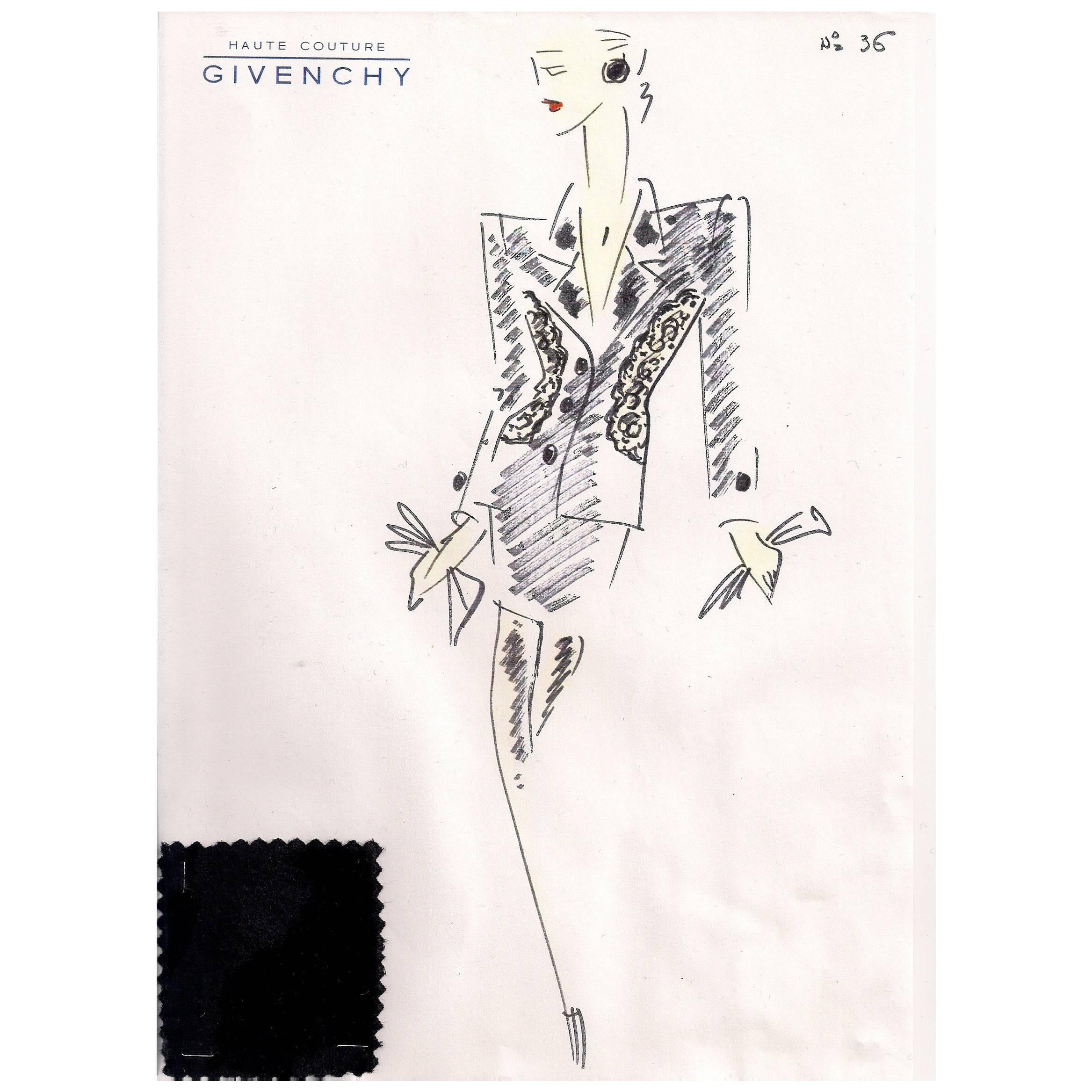 Givenchy Croquis of a Black Evening Suit with Attached Fabric Swatch
