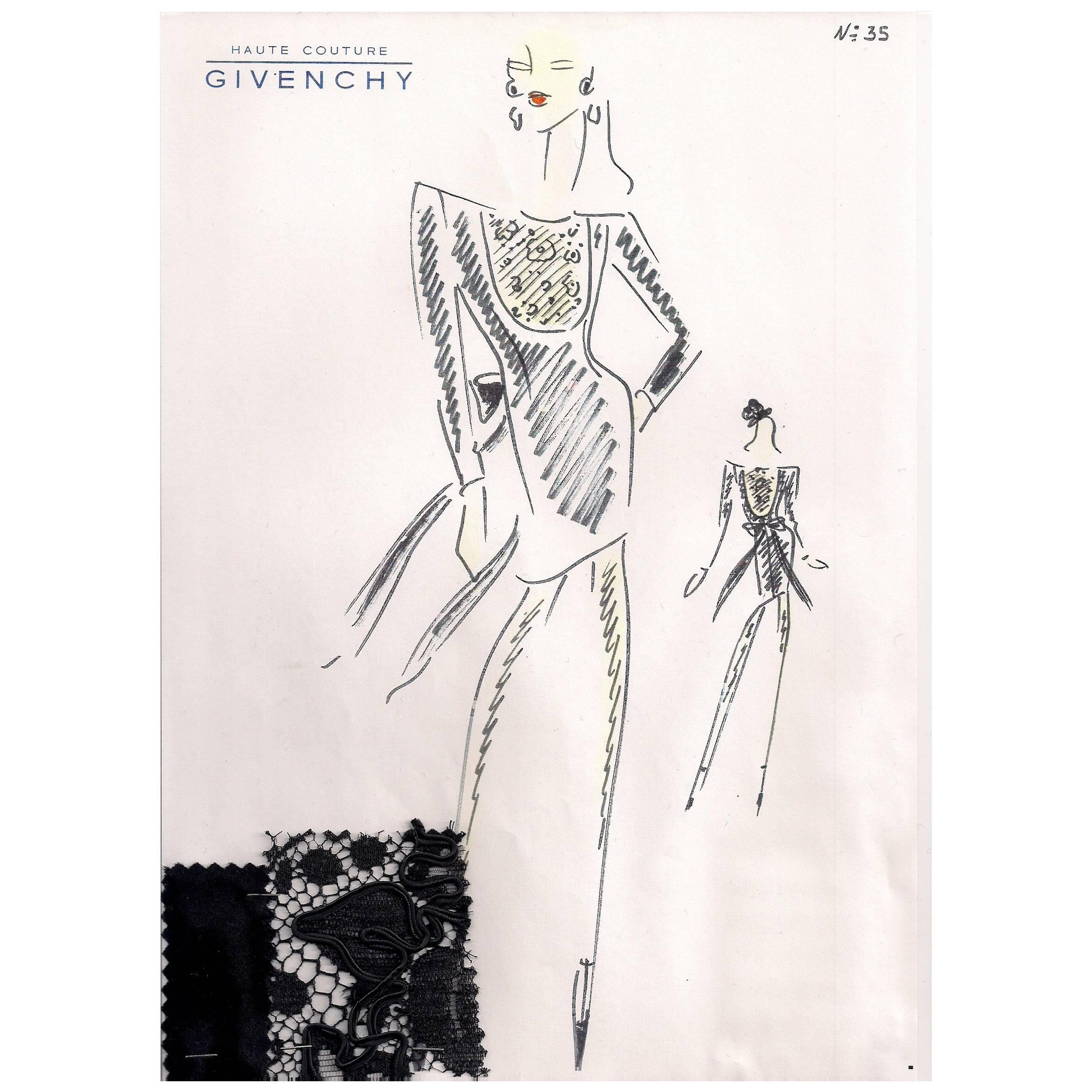 Givenchy Croquis of a Black Lace Cocktail Dress with Attached Fabric Swatch