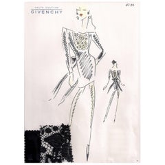 Givenchy Croquis eines schwarzen Spitzen-Cocktailkleides mit angehängter Stoffprobe