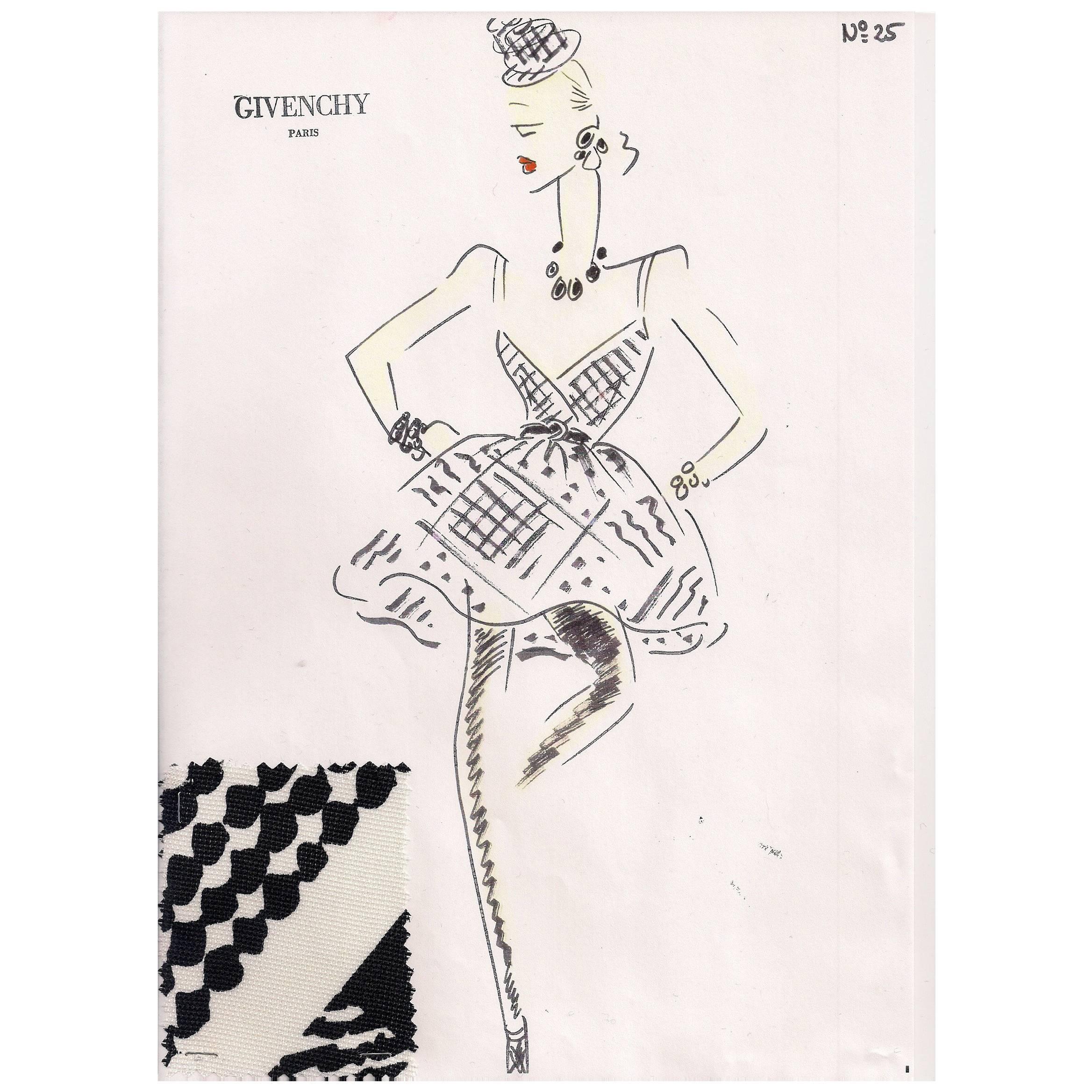 Givenchy Croquis of a Black and White Cocktail Dress with Attached Fabric Sample