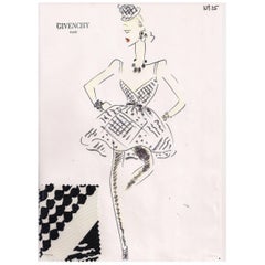 Givenchy Croquis of a Black and White Cocktail Dress with Attached Fabric Sample