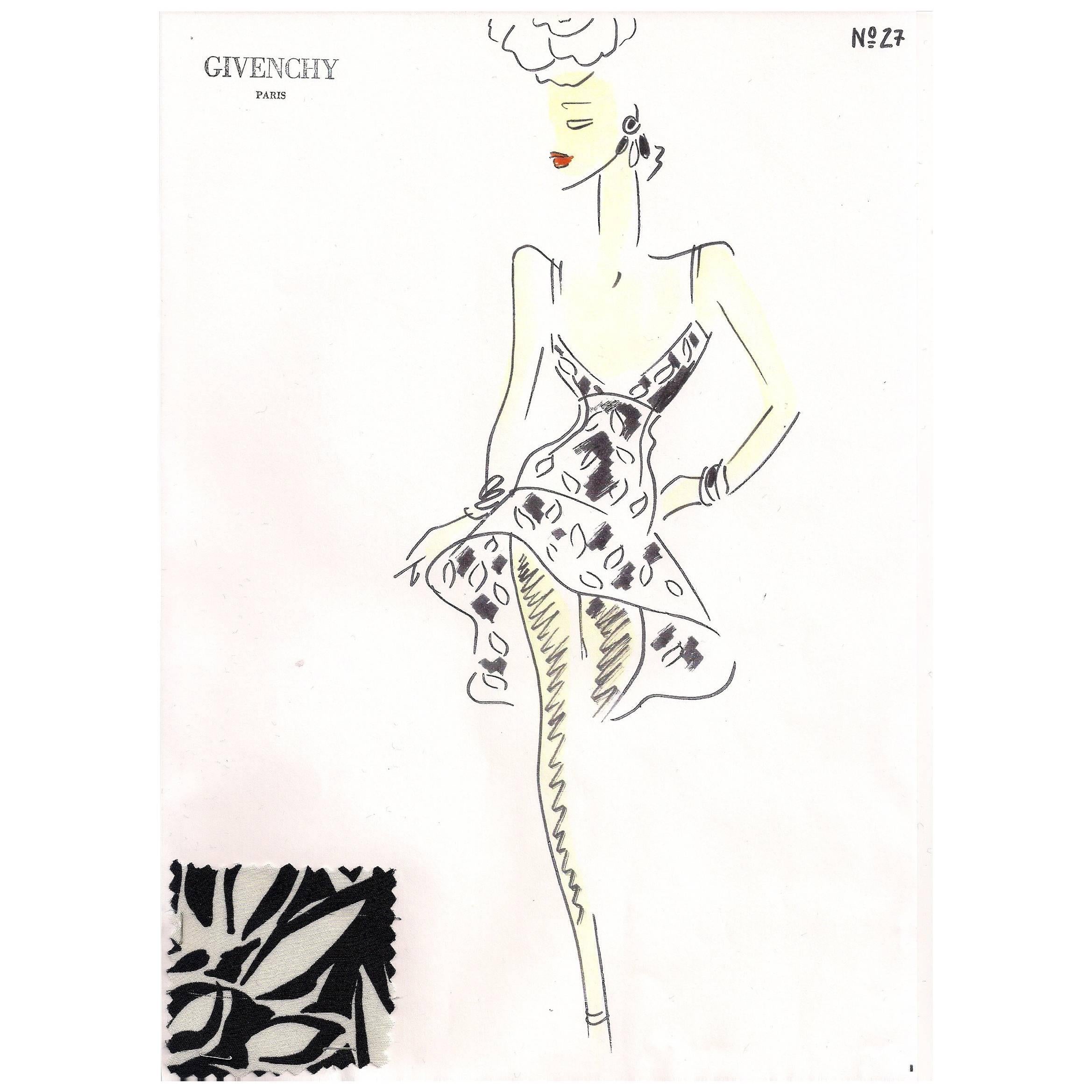 Givenchy Croquis of a Black and White Cocktail Dress with Attached Fabric Swatch