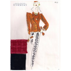 Givenchy Croquis of a Red Orange Jacket and Pants with Attached Fabric Sample