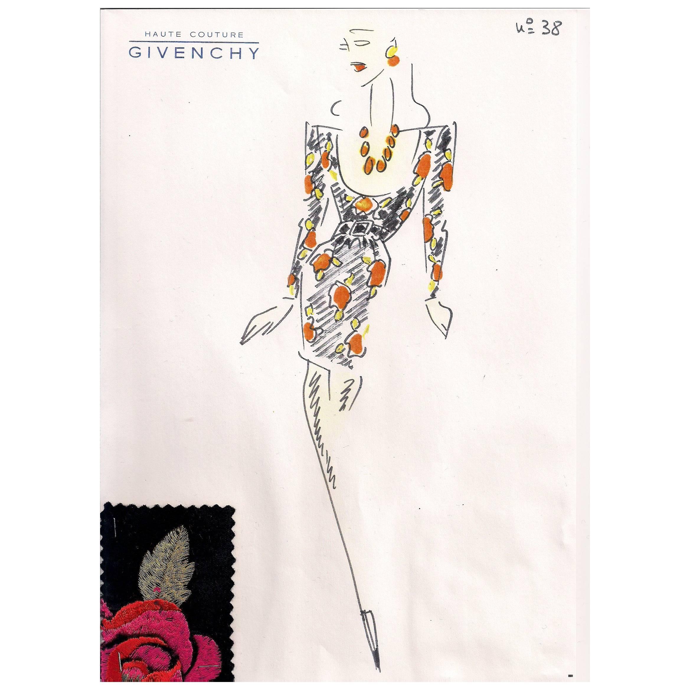 Givenchy Croquis of a Floral Lame Cocktail Dress with Attached Fabric Swatch