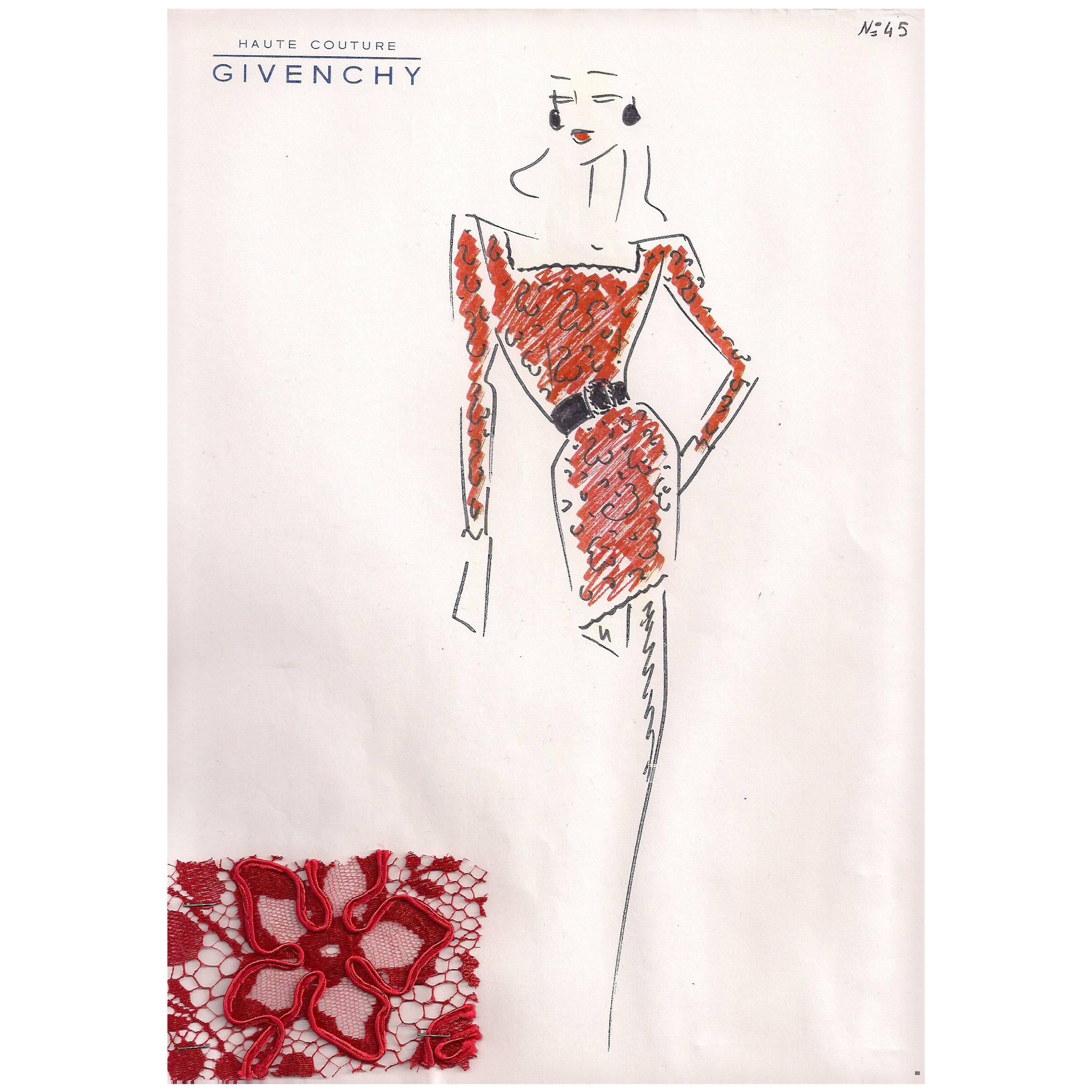 Givenchy Croquis of a Red Lace Cocktail Dress