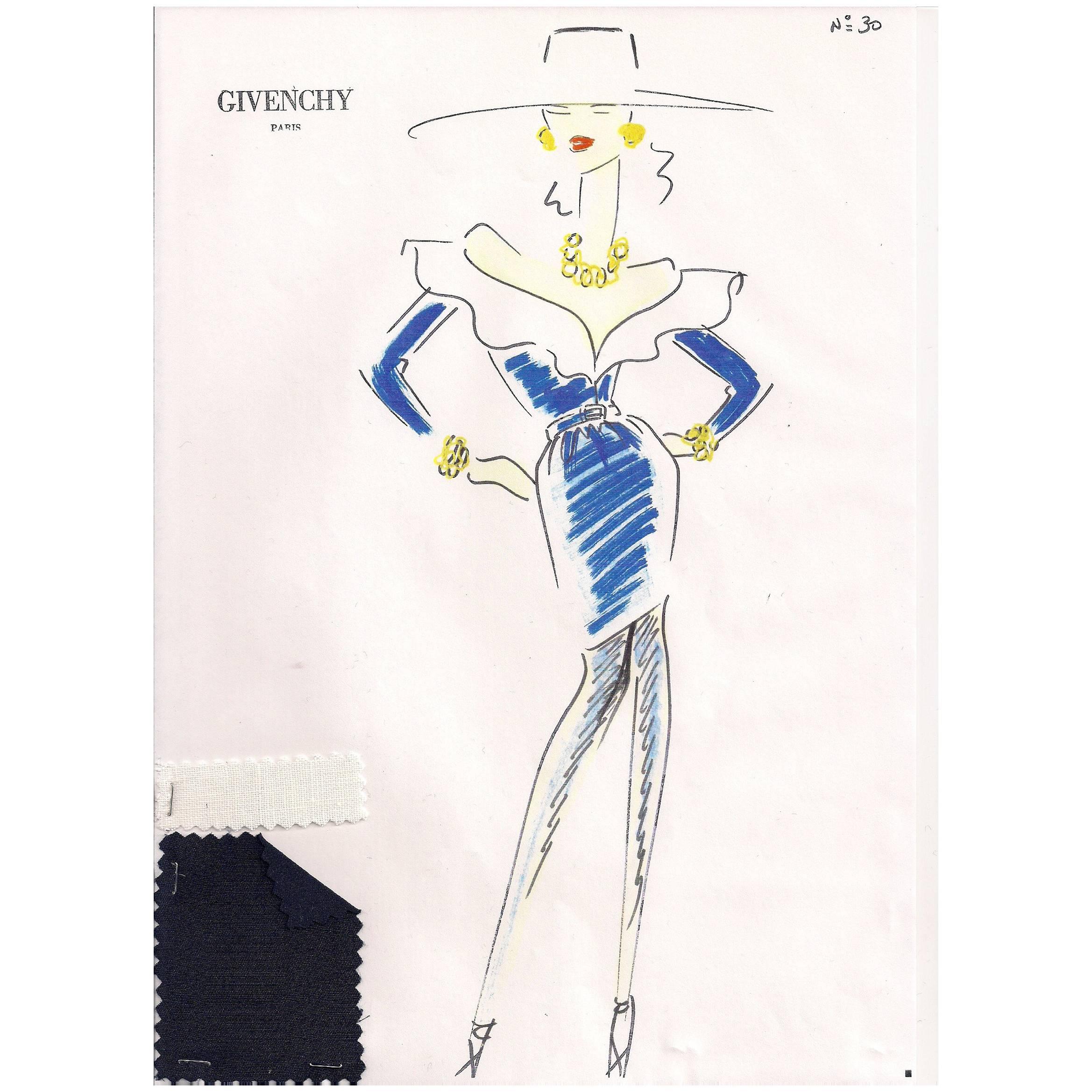Givenchy Croquis of a Blue and White Cocktail Dress Attached Fabric Swatch