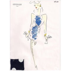 Givenchy Croquis of a Blue Cocktail Dress with Attached Fabric Sample