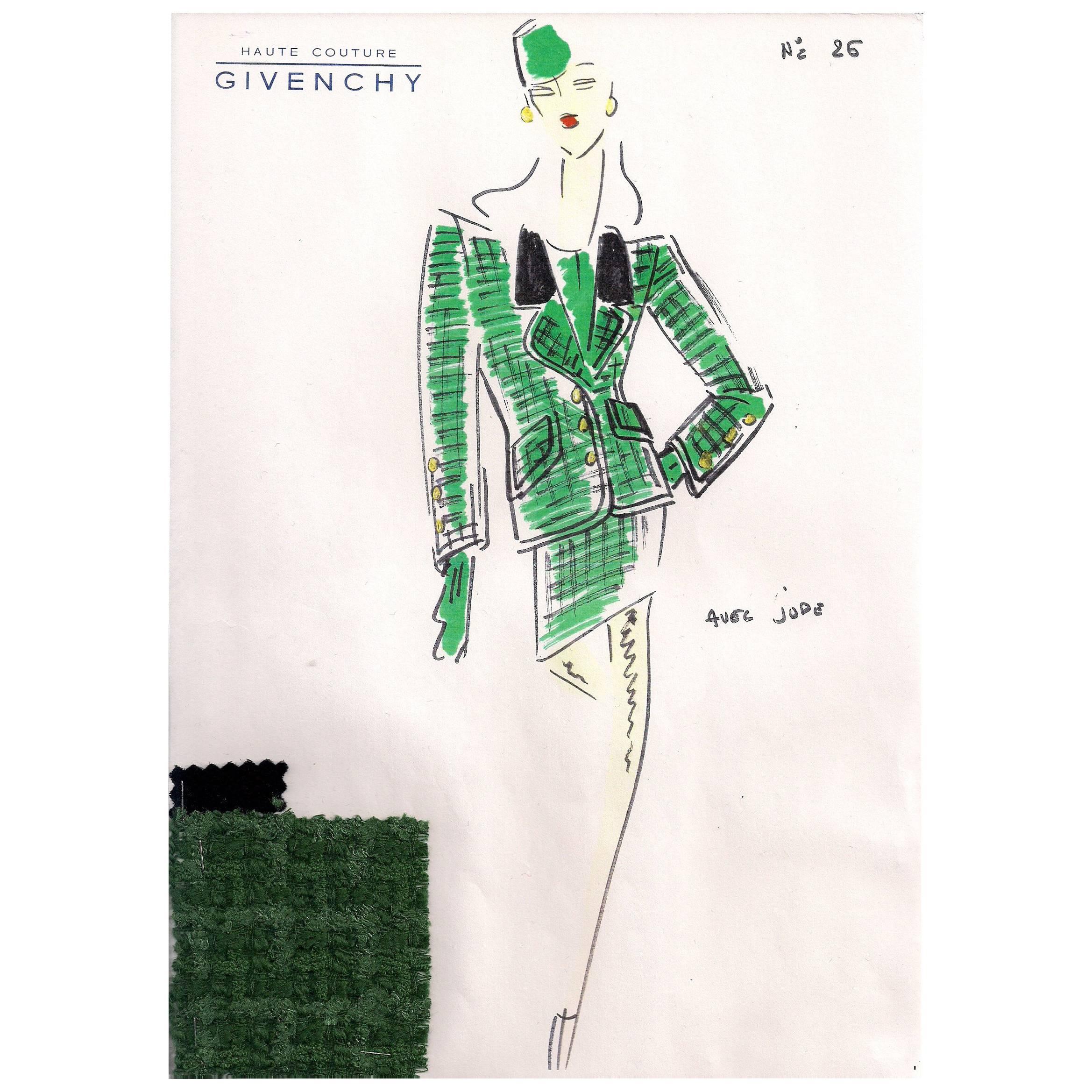 Givenchy Croquis of a Skirt Suit with Attached Fabric Sample