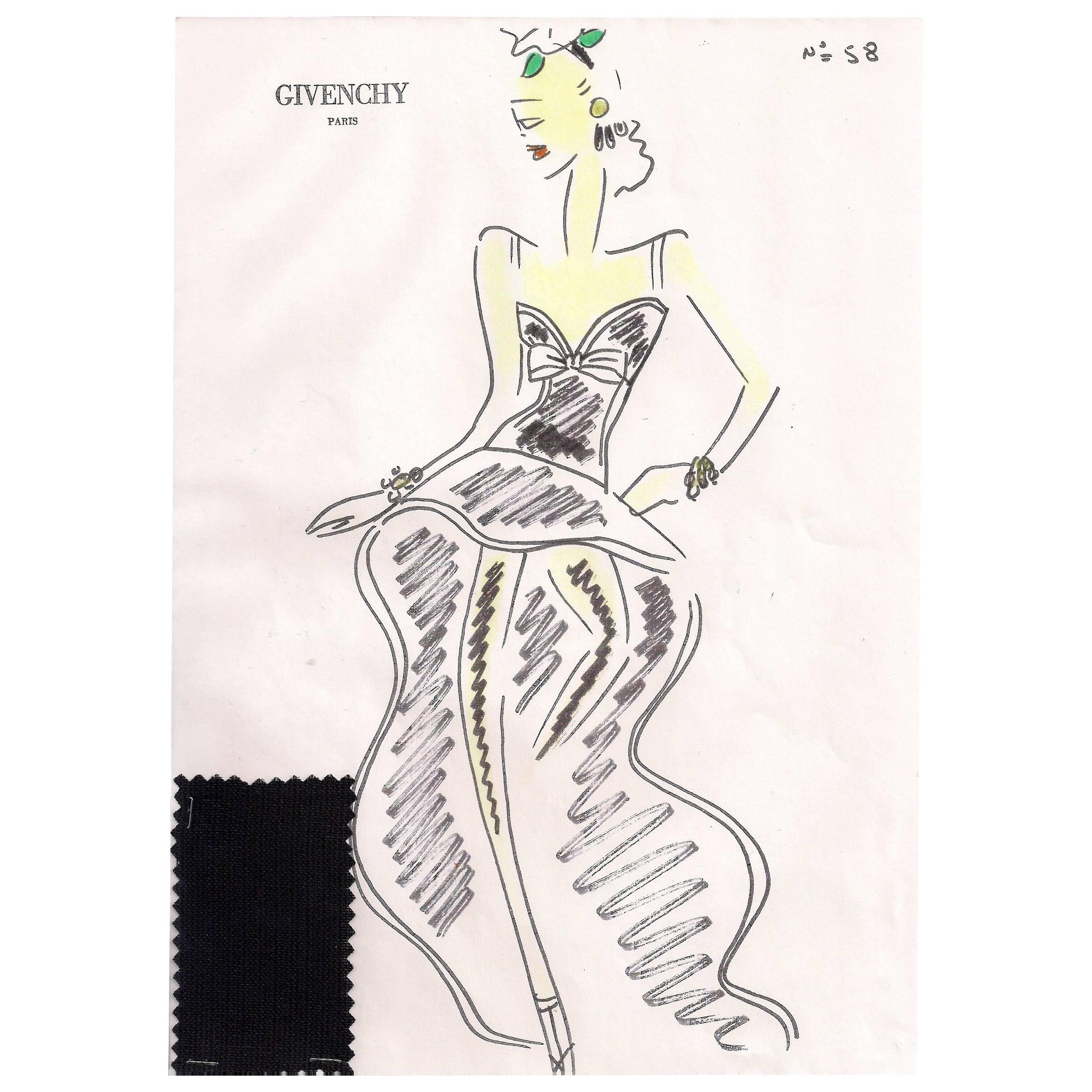 Givenchy Croquis of a High Low Hem Dress with Attached Fabric Swatch