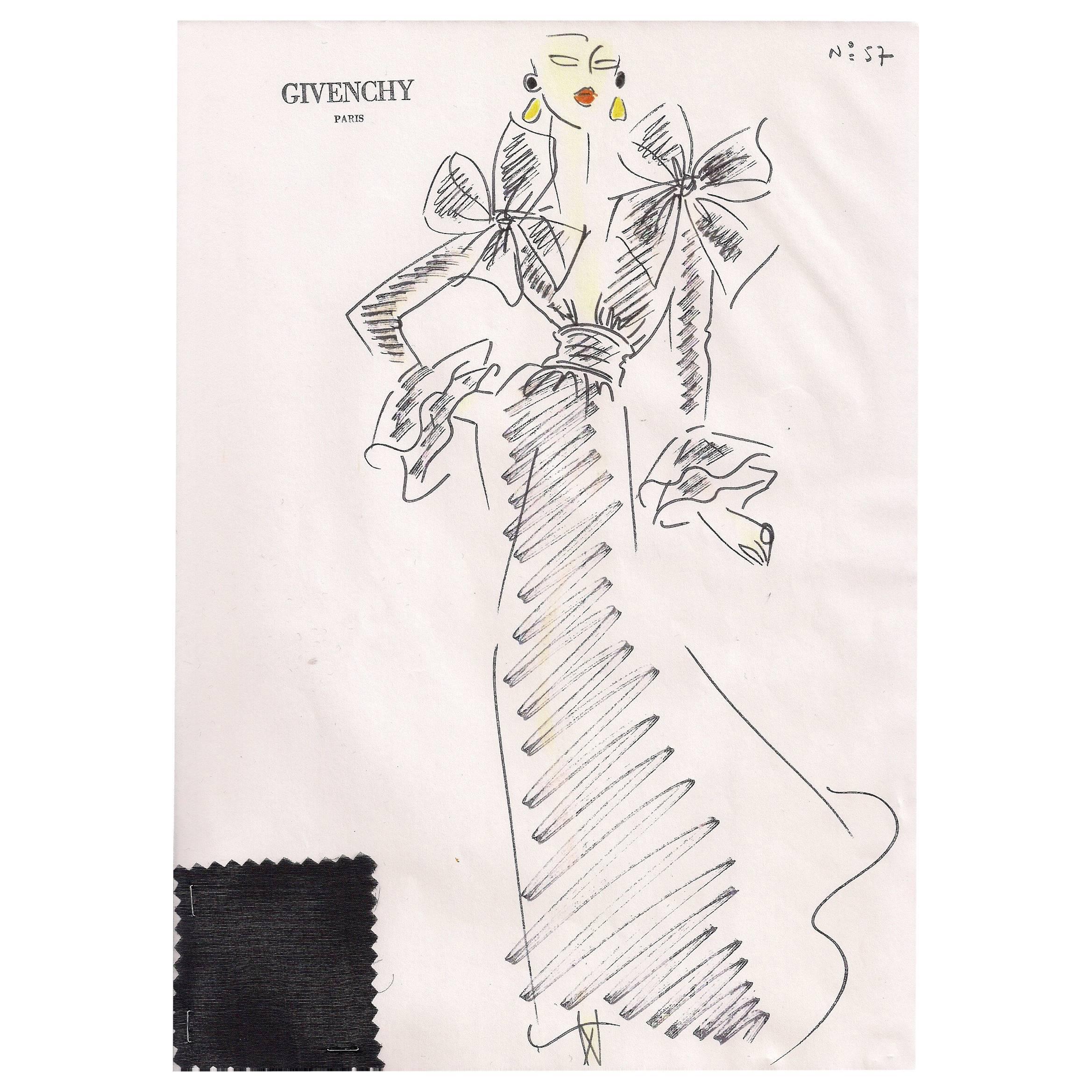 Givenchy Croquis of an Evening Gown with Bows with Attached Fabric Swatch