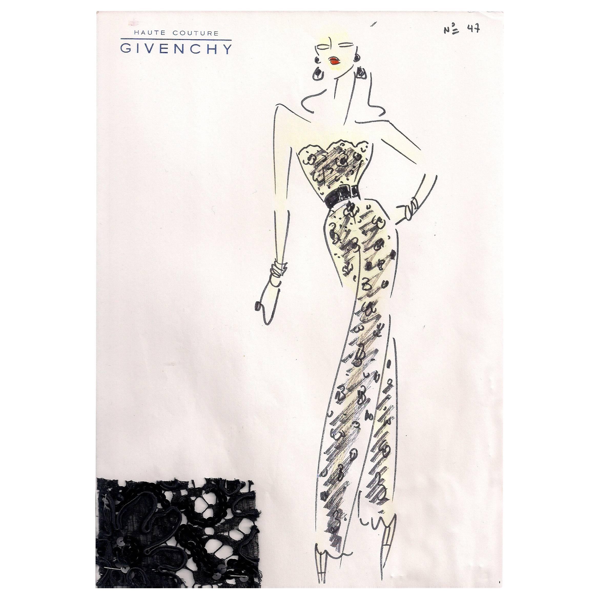 Givenchy Croquis of a Beaded Jumpsuit with Attached Fabric Swatch