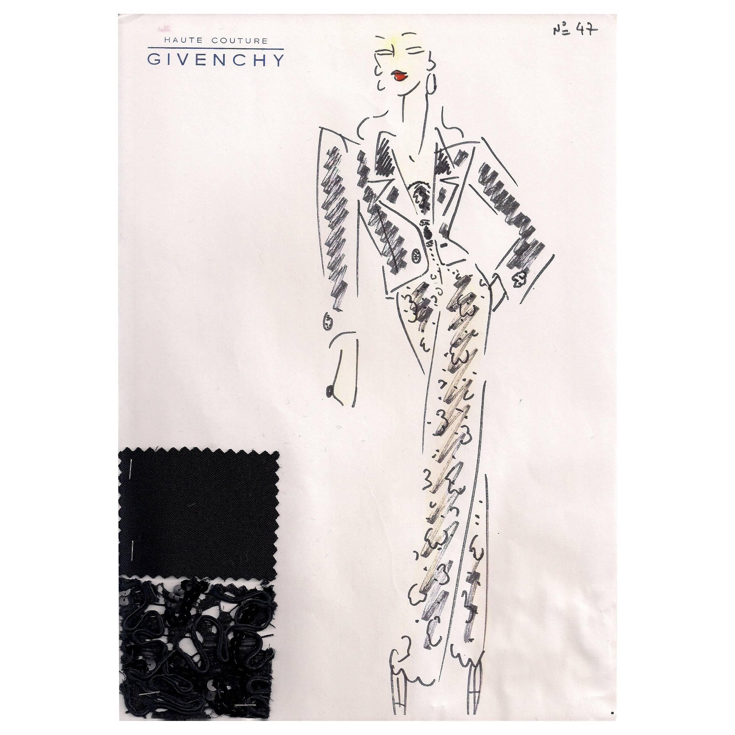 Givenchy Croquis of a Beaded Pants Ensemble with Attached Fabric Swatch
