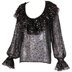 1970's Yves Saint Laurent YSL Black, Silver & Gold Polka Dot Blouse