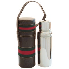 Retro Gucci Brown Leather Thermos Tote Bag Red Green Webbing Barware 1970s