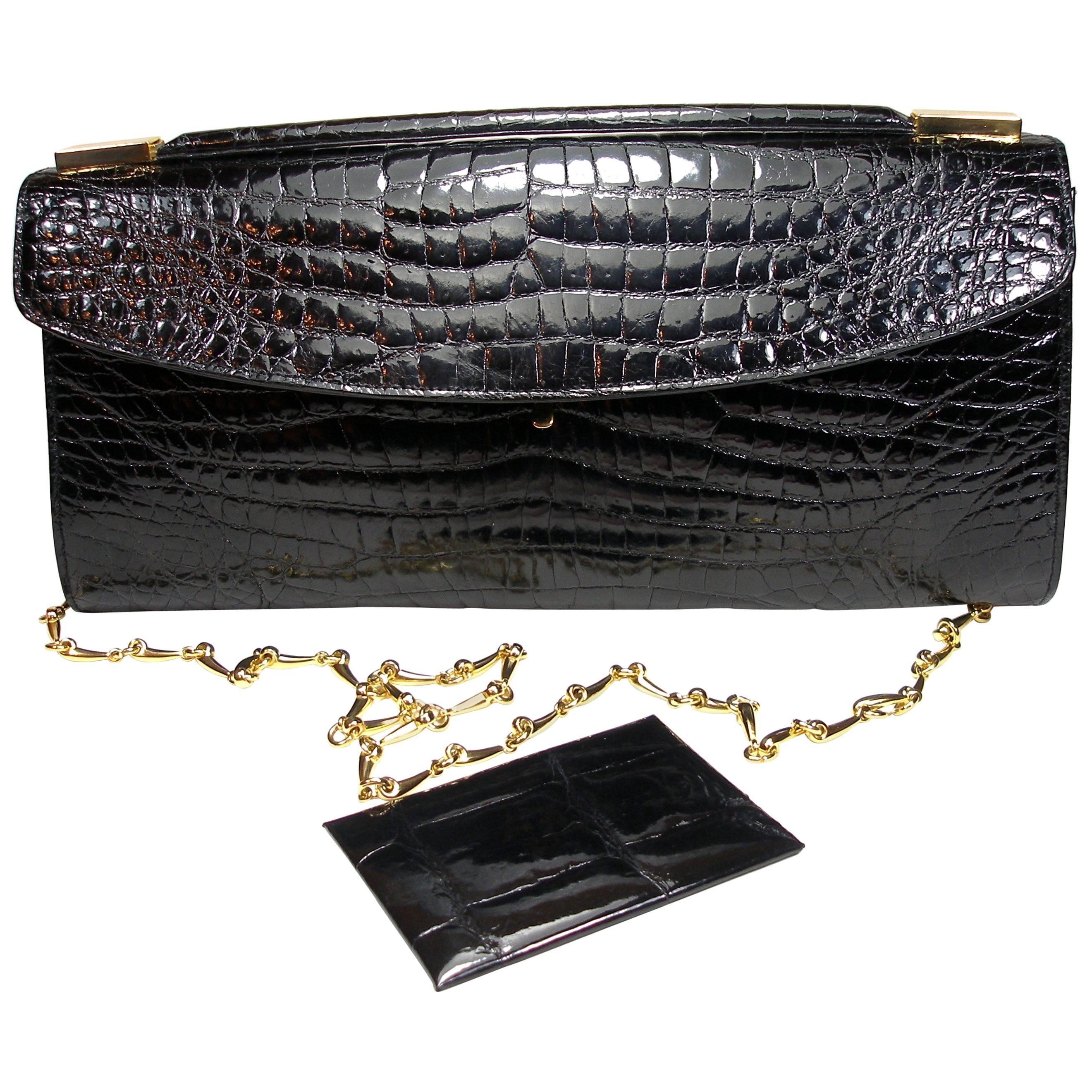 Rare and Vintage Delvaux Black Crocodile Clutch or Evening Bag / Good Condition