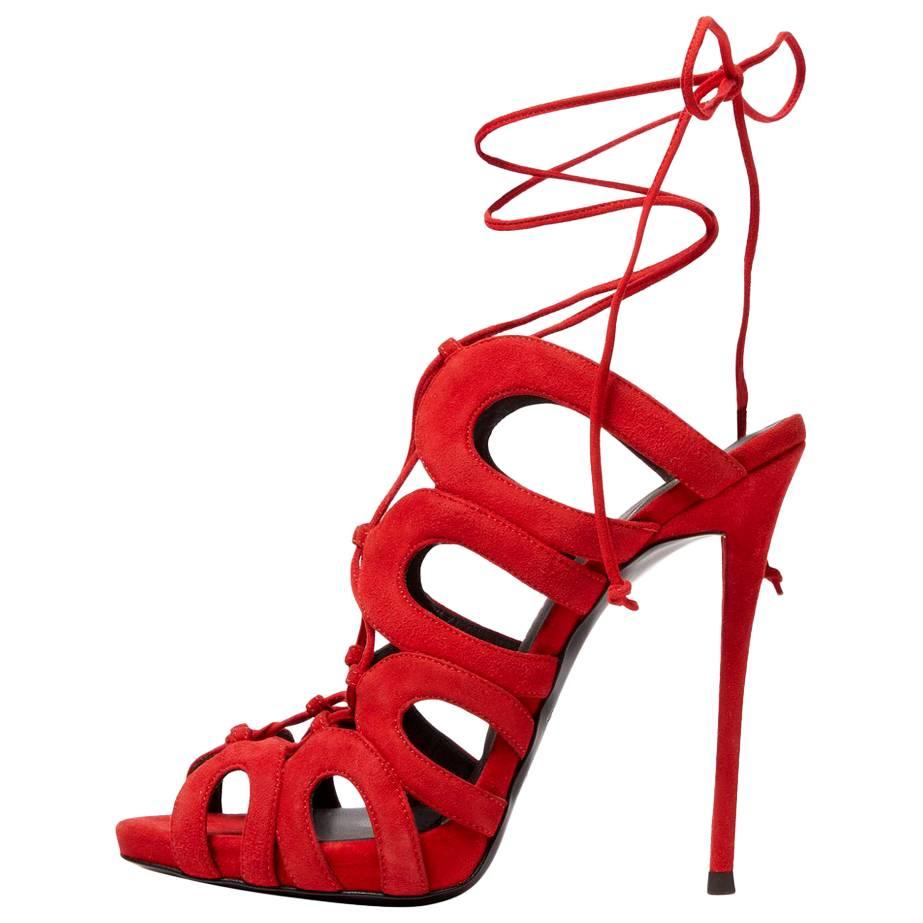 Giuseppe Zanotti New Red Suede Cut Out Tie Evening Sandals Heels in Box 