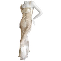 John Galliano Vintage Bias Cut Silk Lace Print Silk Evening Dress