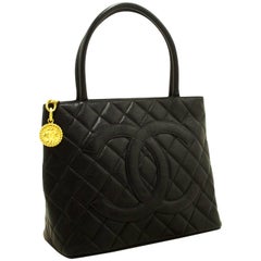 Vintage Chanel Caviar Medallion Gold HW Black Quilted Shoulder Bag Tote