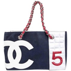 Chanel Bag "5" in Navy Blue Canvas and Quilted Silver Leather