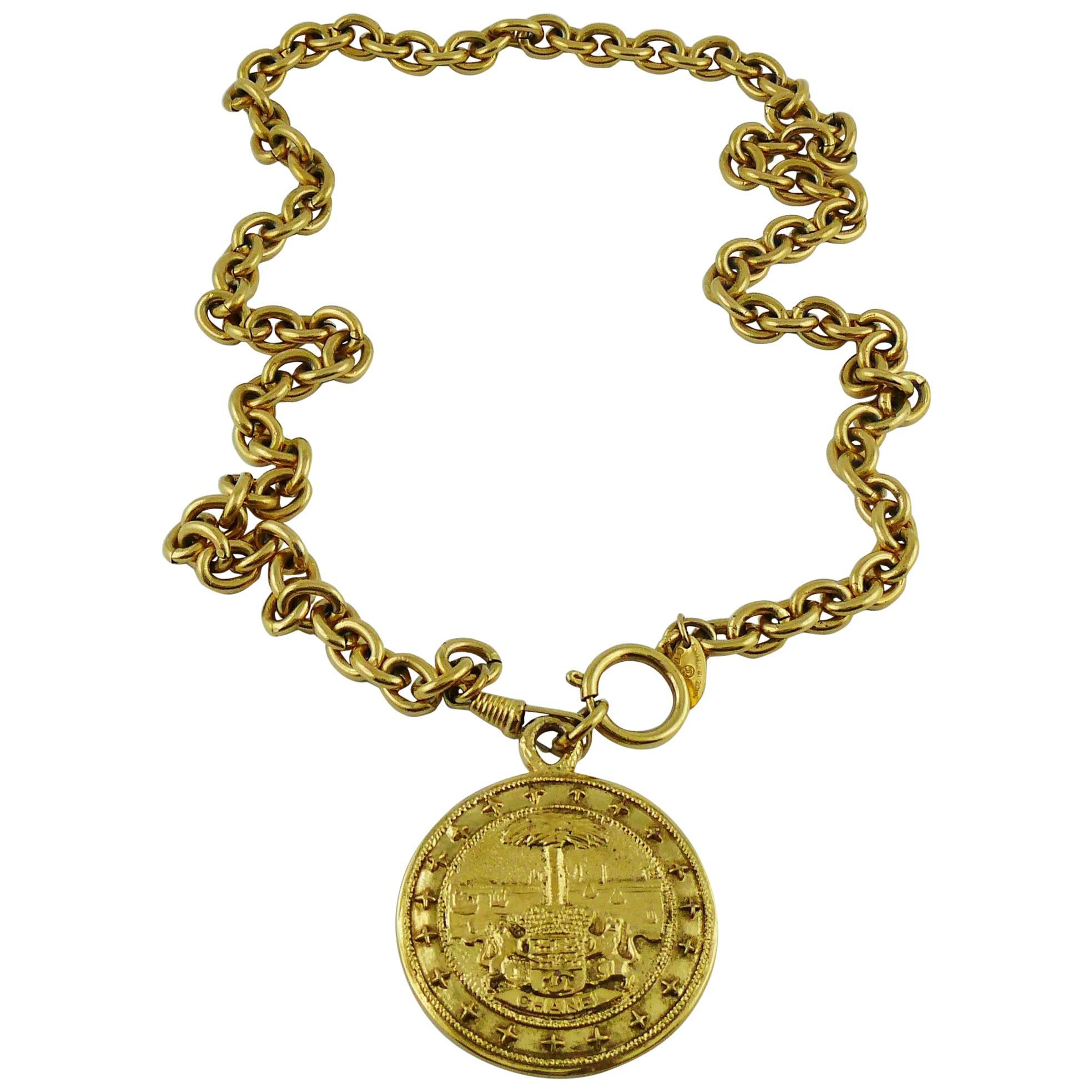 Chanel Vintage Gold Toned Coat of Arms Pendant Necklace