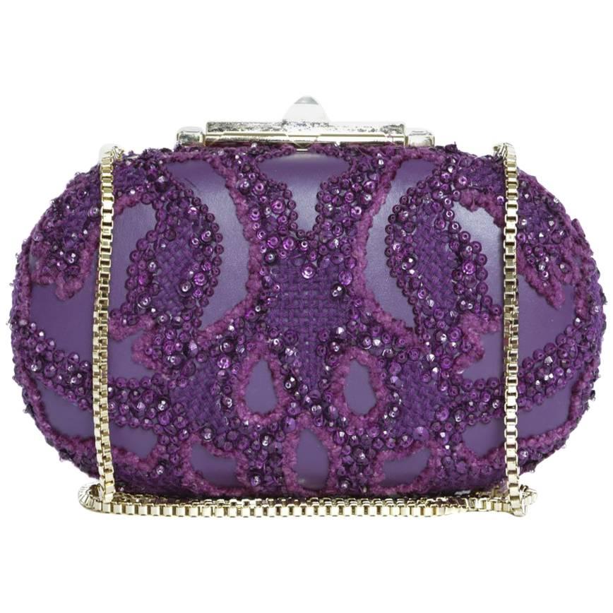 ELIE SAAB Minaudière in Purple Leather and Embroidered Fabric with Pearls For Sale