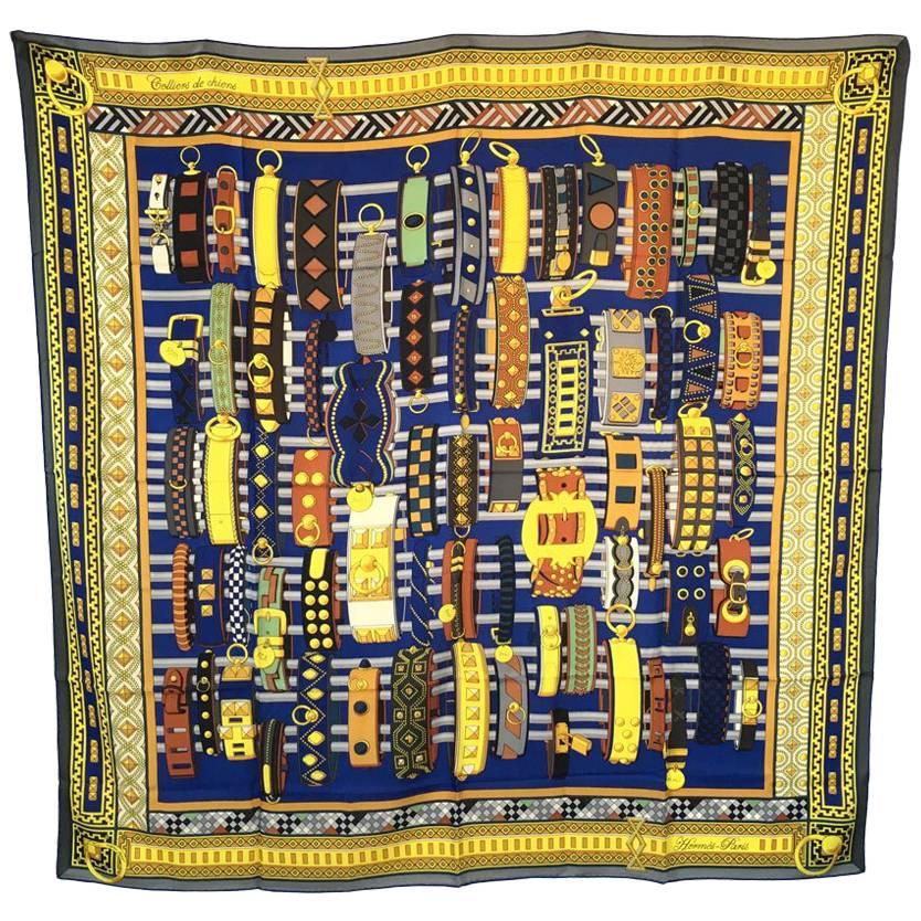 HERMES Shawl 'Collier de chien' in Yellow and Blue Cashmere and Silk