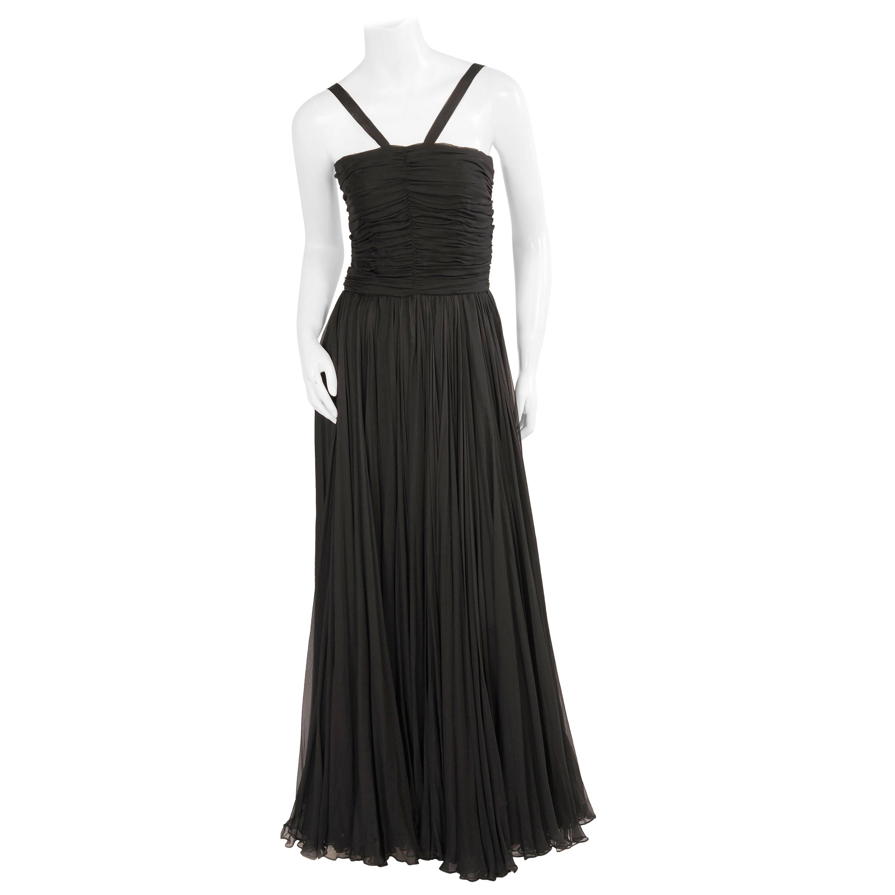 Ben Reig Black Silk Chiffon Evening Gown in the style of Desses, 1950s 