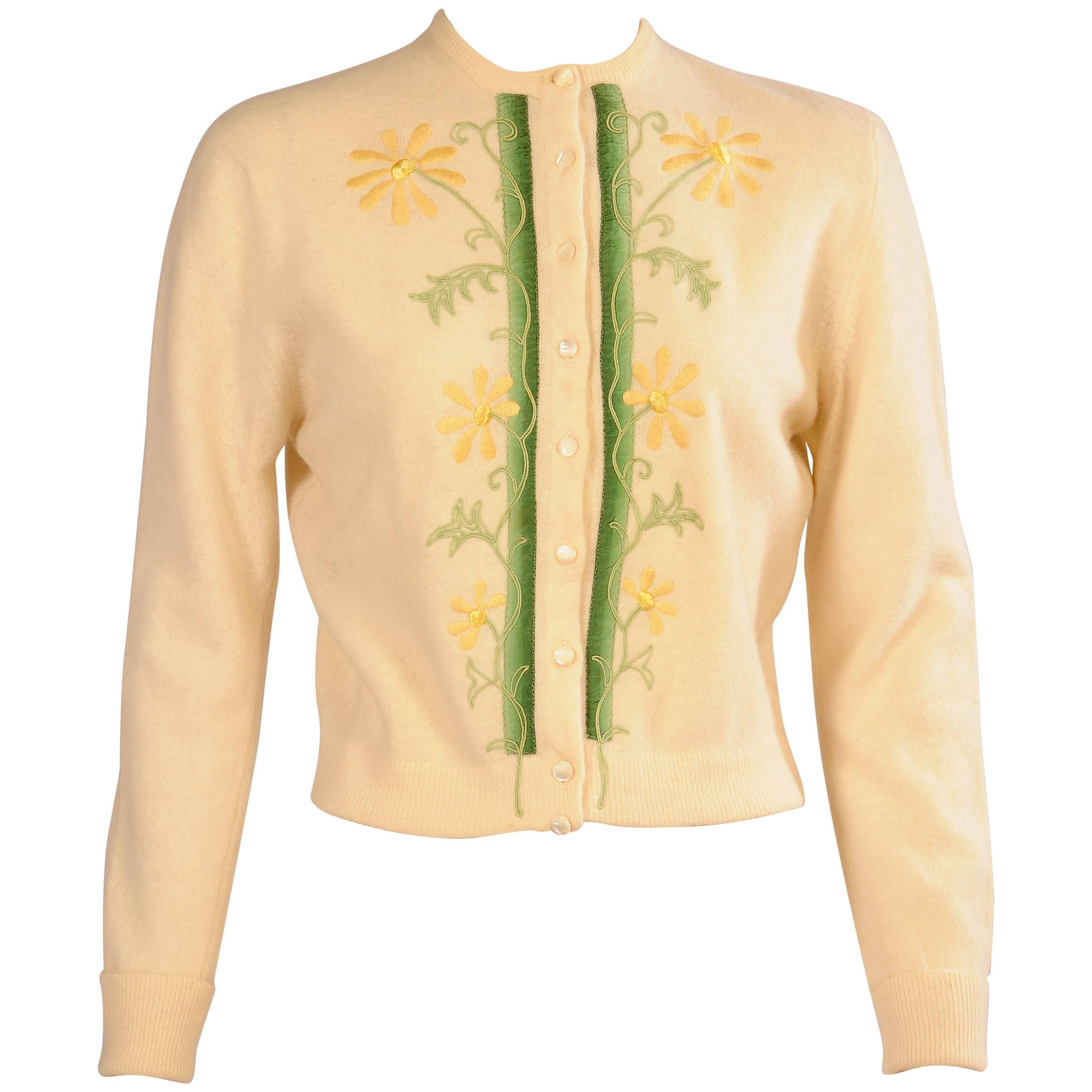 Embroidered and Ribbon Trimmed Ivory Sweater, 1950s  For Sale