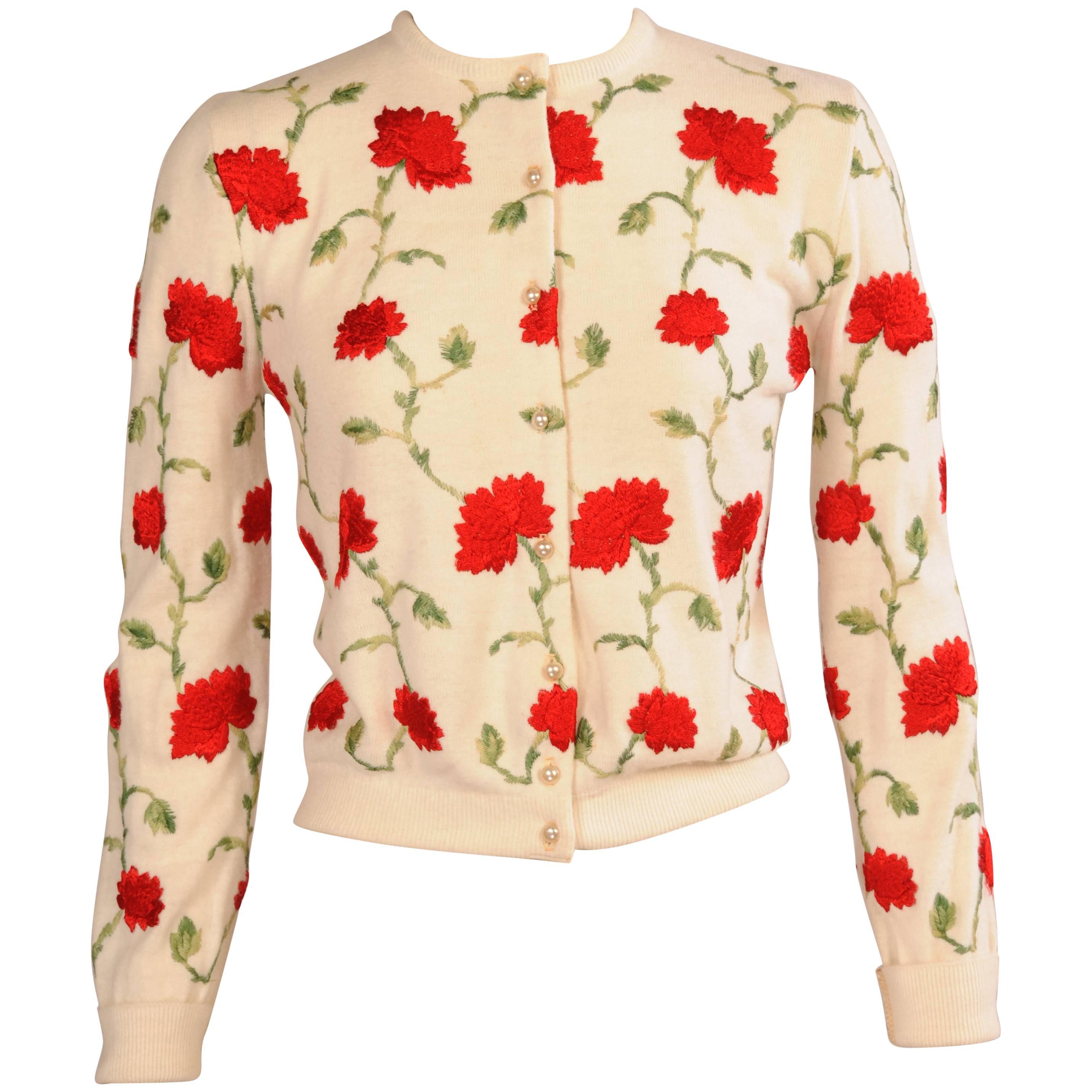 1950's Embroidered Cardigan Sweater Red and Green Flowers