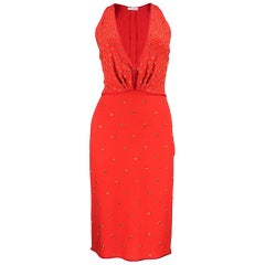 2000s Donald Deal Red Knit Low Cut Bedazzled Dress