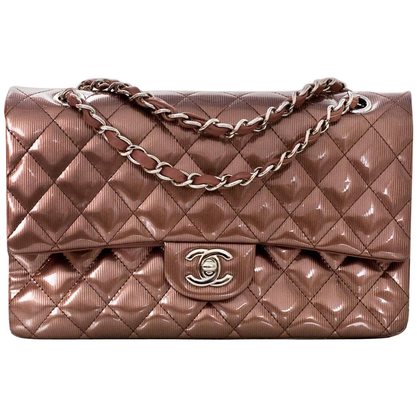 Chanel Rose Fonce Quilted Striated Patent 10" Medium Double Flap Classic Bag