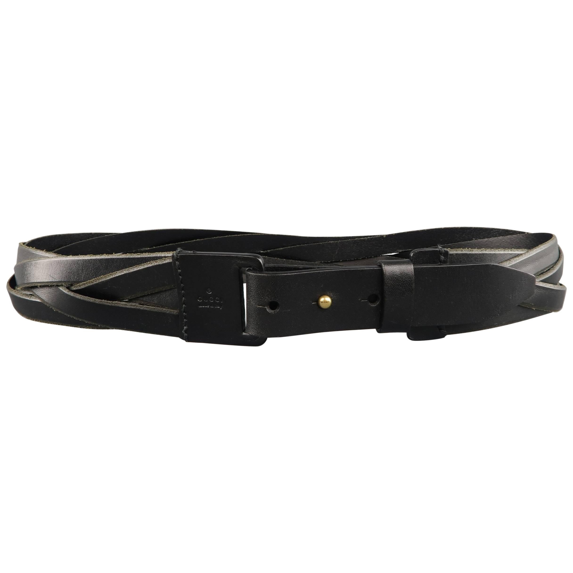 GUCCI Size 34 Black Woven Leather Embossed Logo Belt
