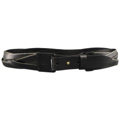 GUCCI Size 34 Black Woven Leather Embossed Logo Belt