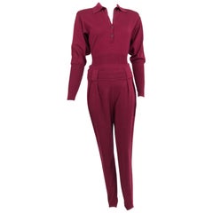 Azzedine Alaïa 1980er Jahre Burgunderfarbener Wollstrick-Bodyanzug und Steigbügel-Hose