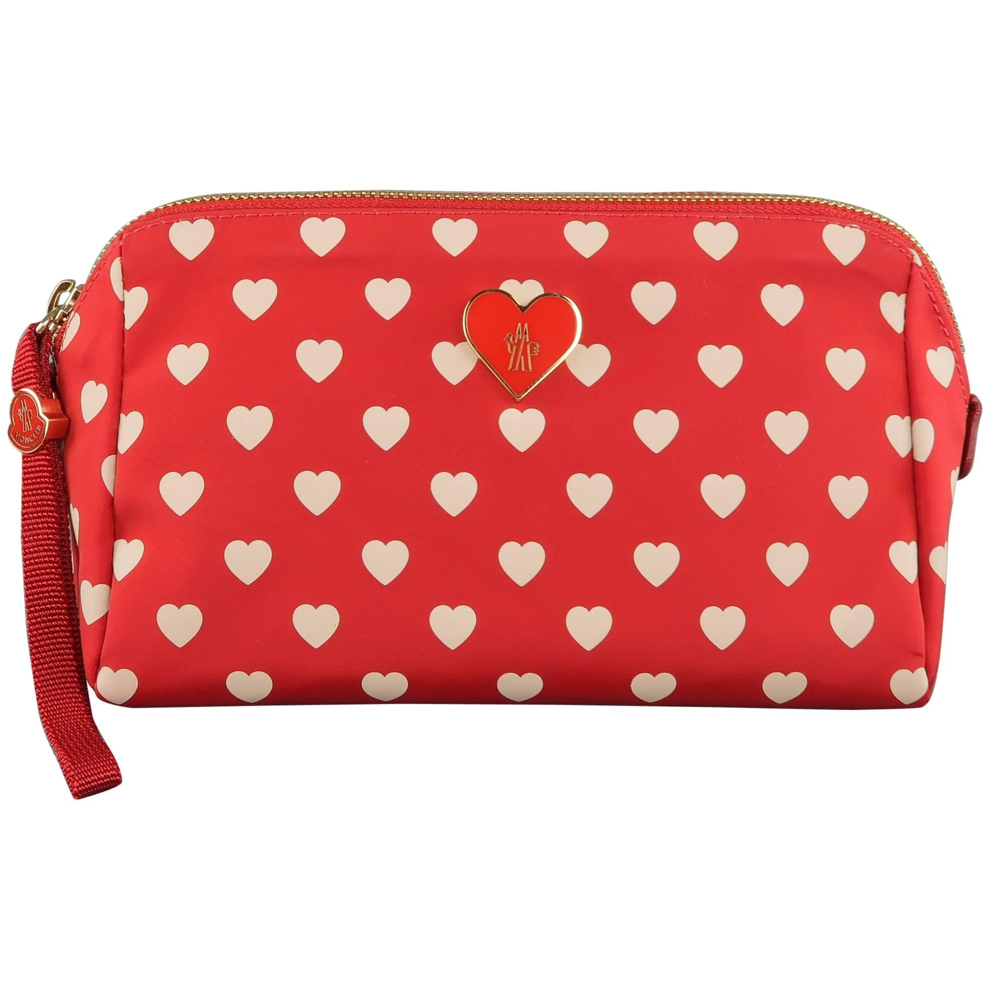 MONCLER Red & White Heart Print Nylon Enamel Cosmetic Bag