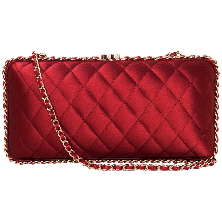 Chanel Rust Red Quilted Satin Chain Around Box Clutch/ Evening