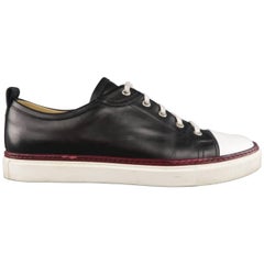 HERMES Size 8 Black & White Leather Burgundy Stripe Sneakers