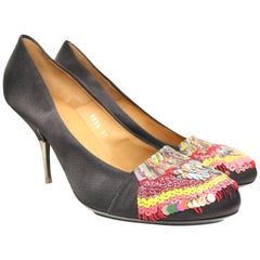 Used Dries Van Noten Black Silk with colours sequins Pumps