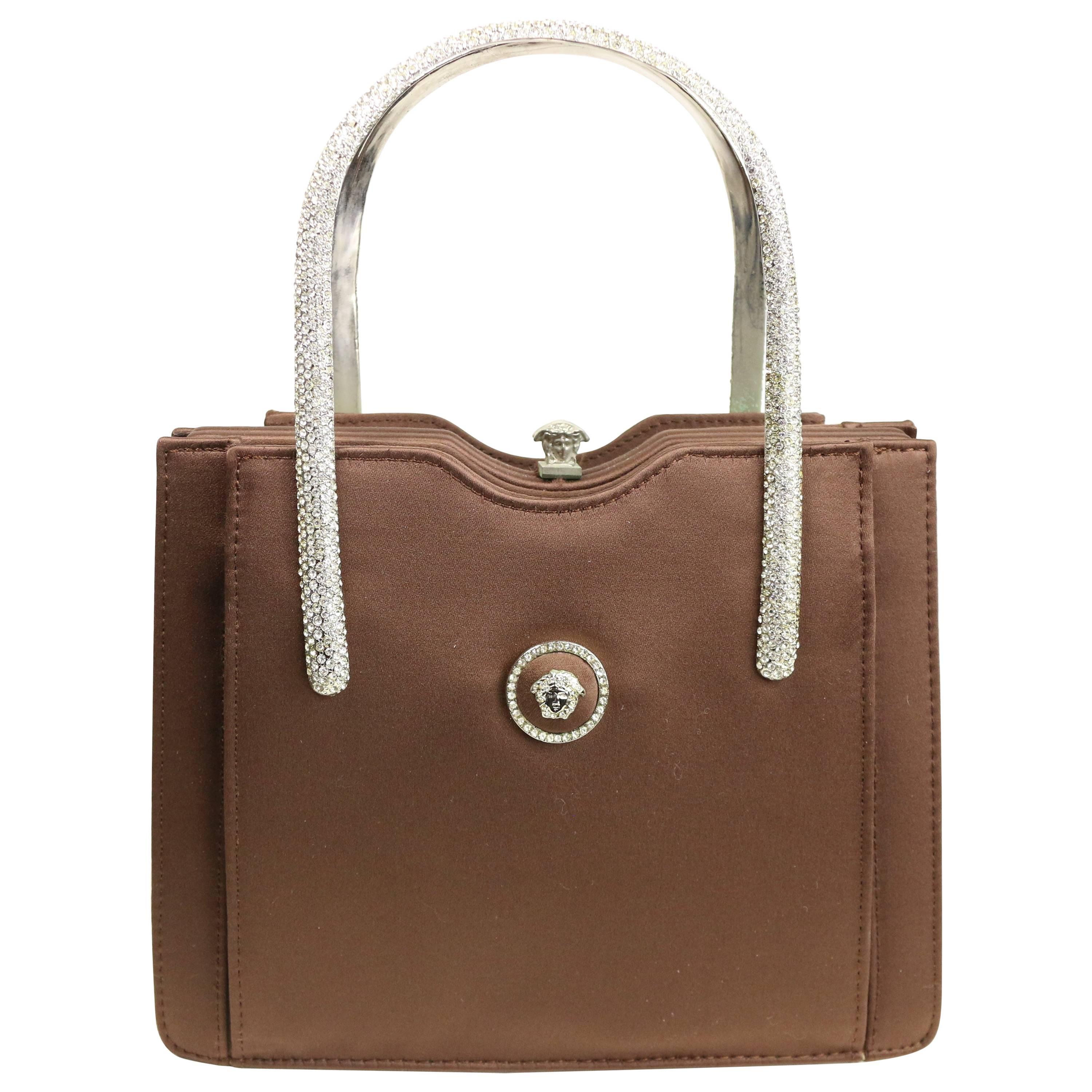 Vintage 90s Gianni Versace Couture Brown Satin Rhinestones Medusa Handbag For Sale