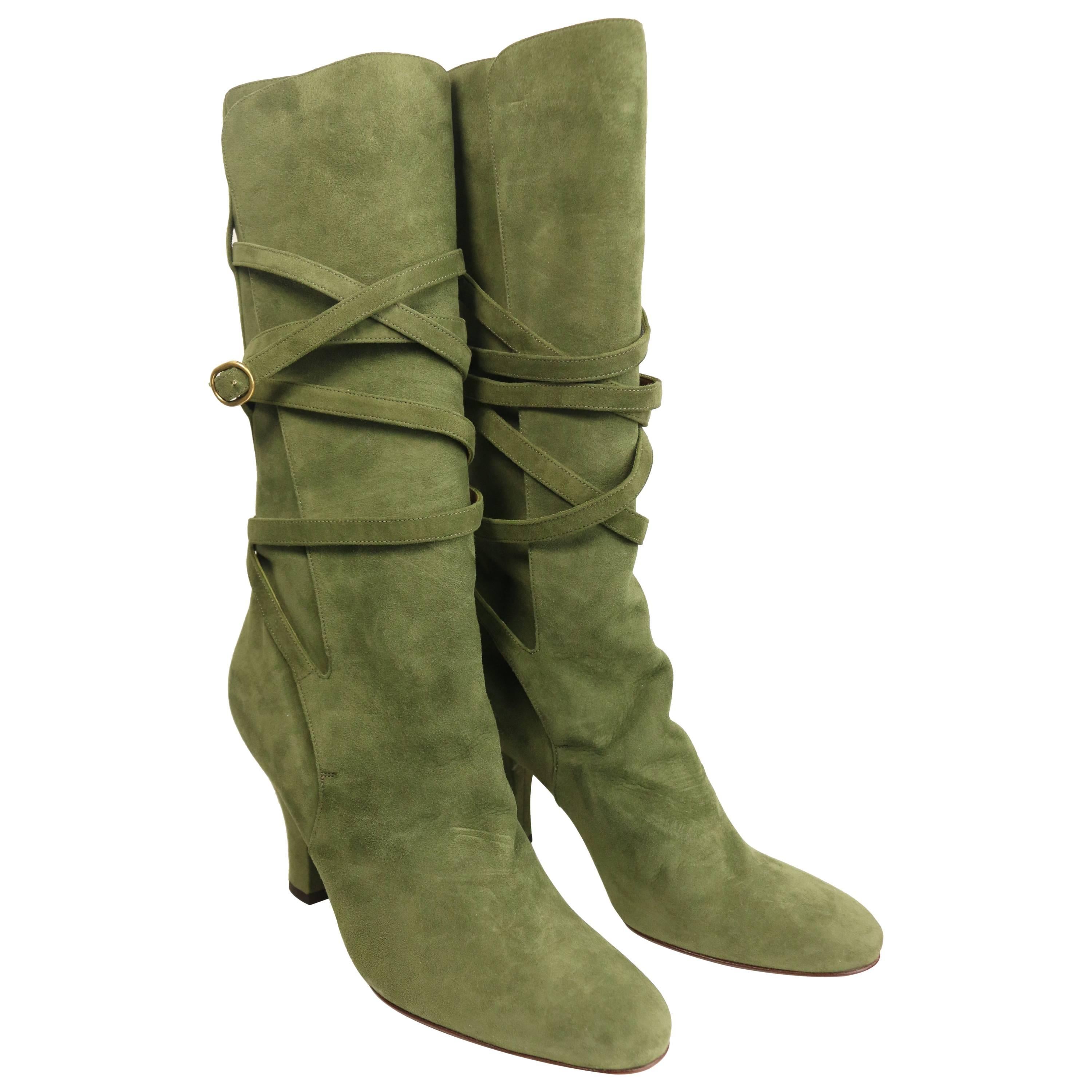 YSL Green Suede Lace Up Boots