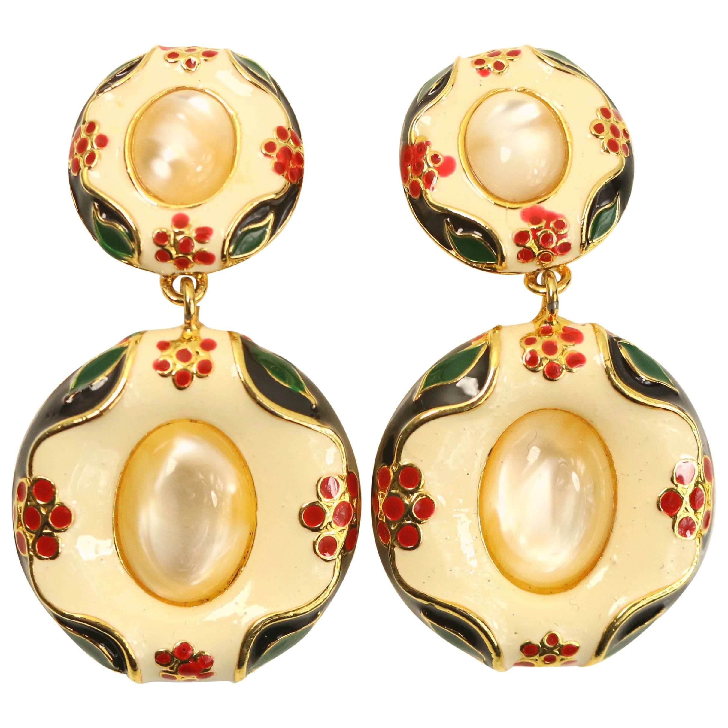 Moschino White Round Gold Toned Setting Drop Clip On Earrings 