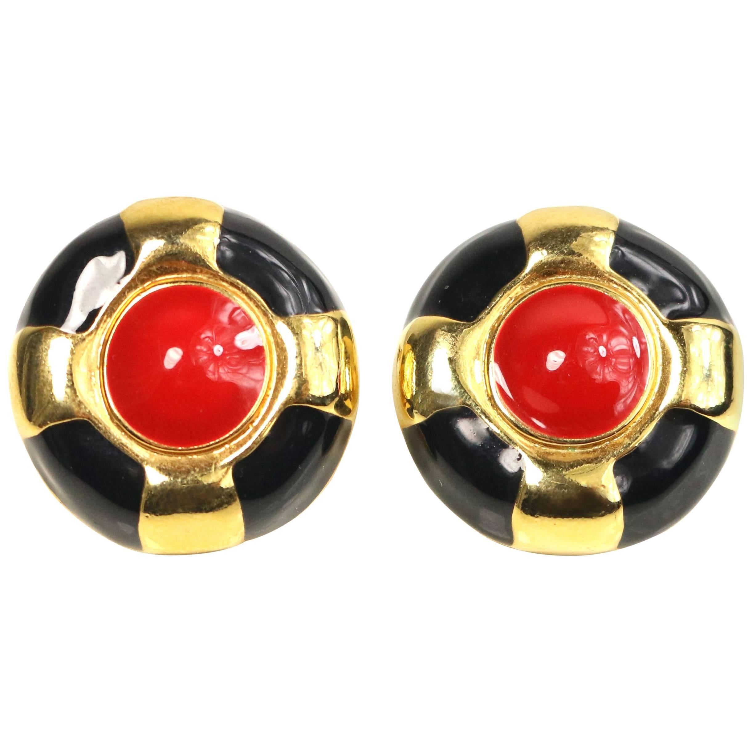 Escada Round Gold Toned Setting Black and Red Stud Clip On Earrings  For Sale
