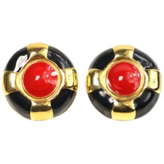 Escada Round Gold Toned Setting Black and Red Stud Clip On Earrings 