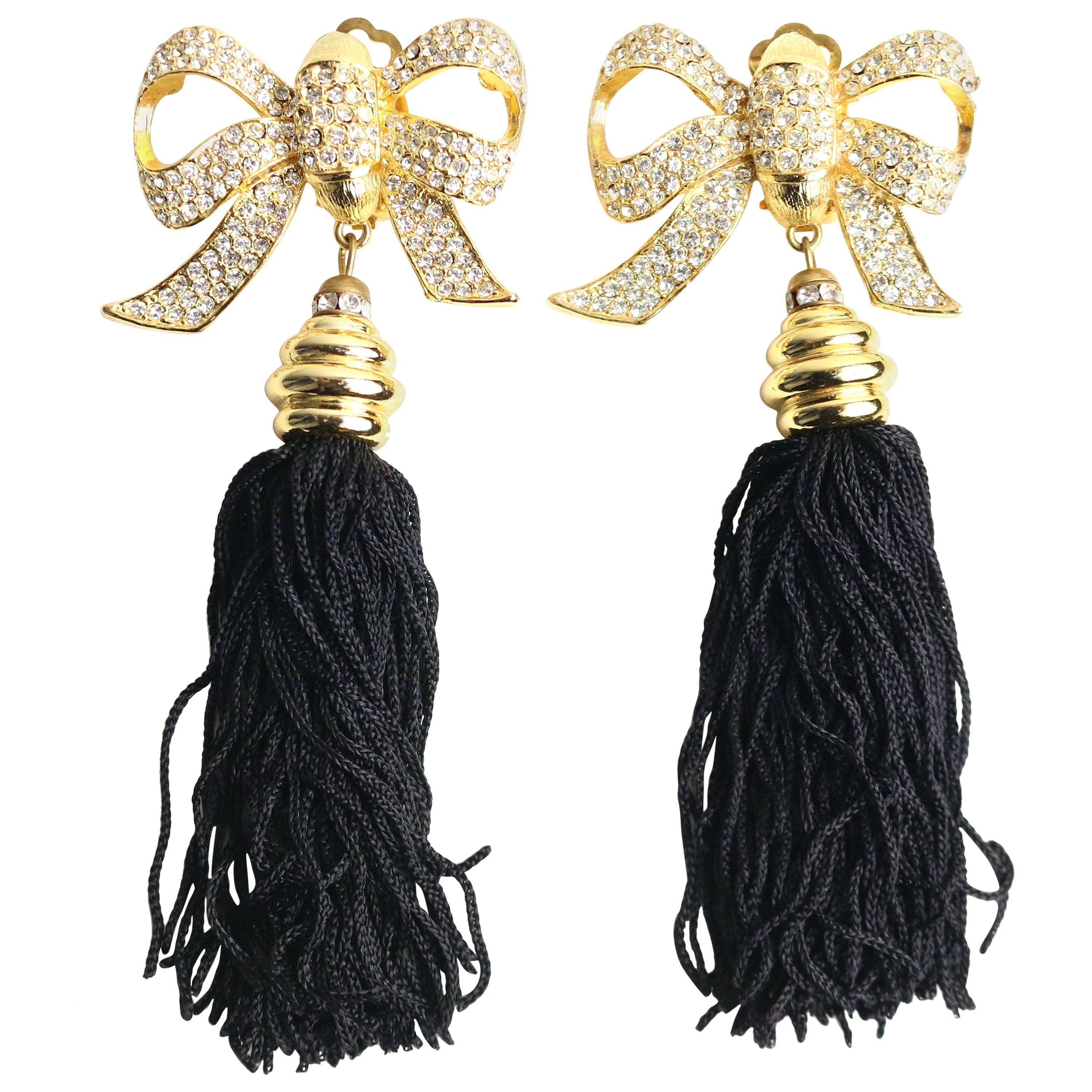 Escada  Gold Toned with Rhinestones Ribbon Shape Tassel Clip On Earrings 