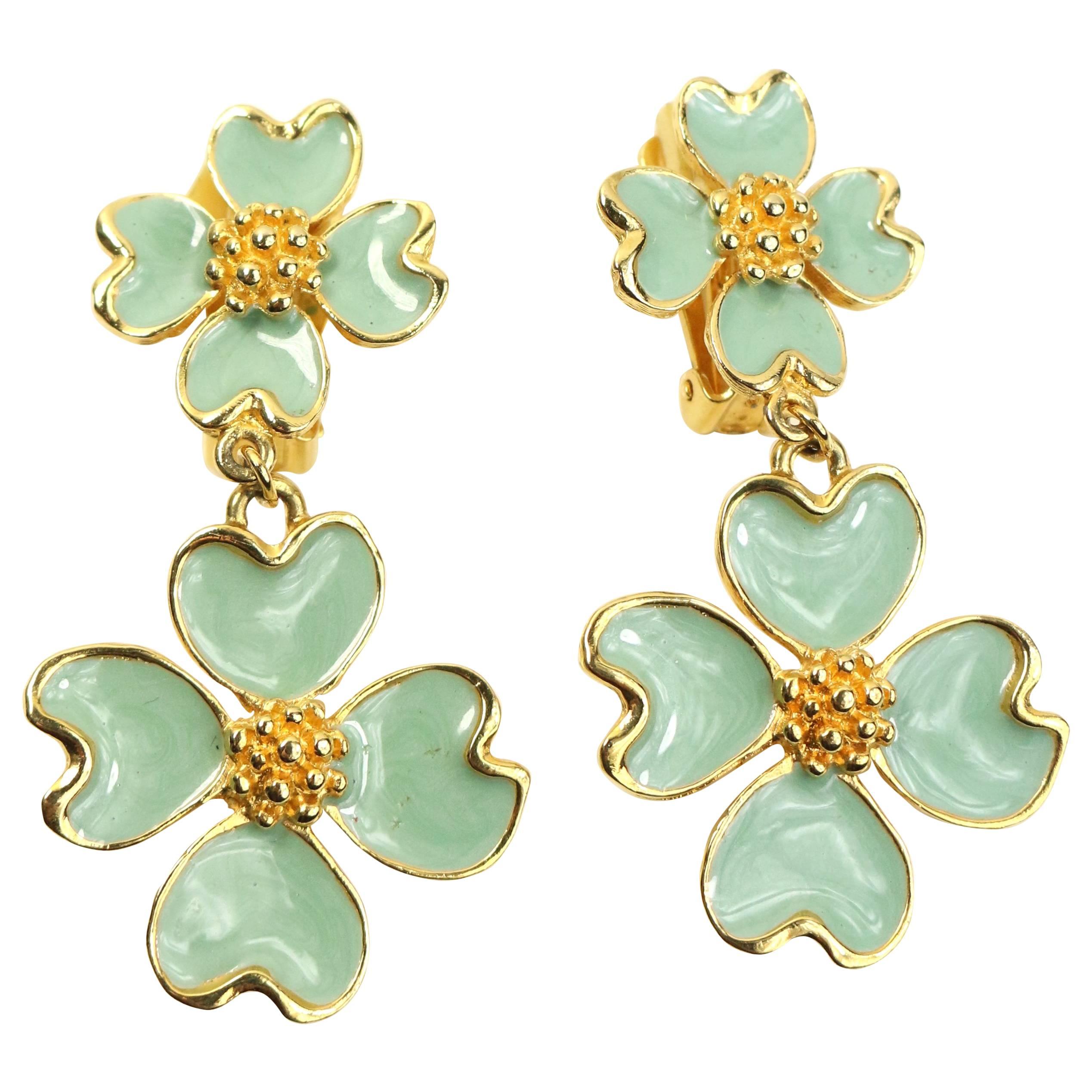 Christian Lacroix Gold Toned Green Clovers Clip On Earrings