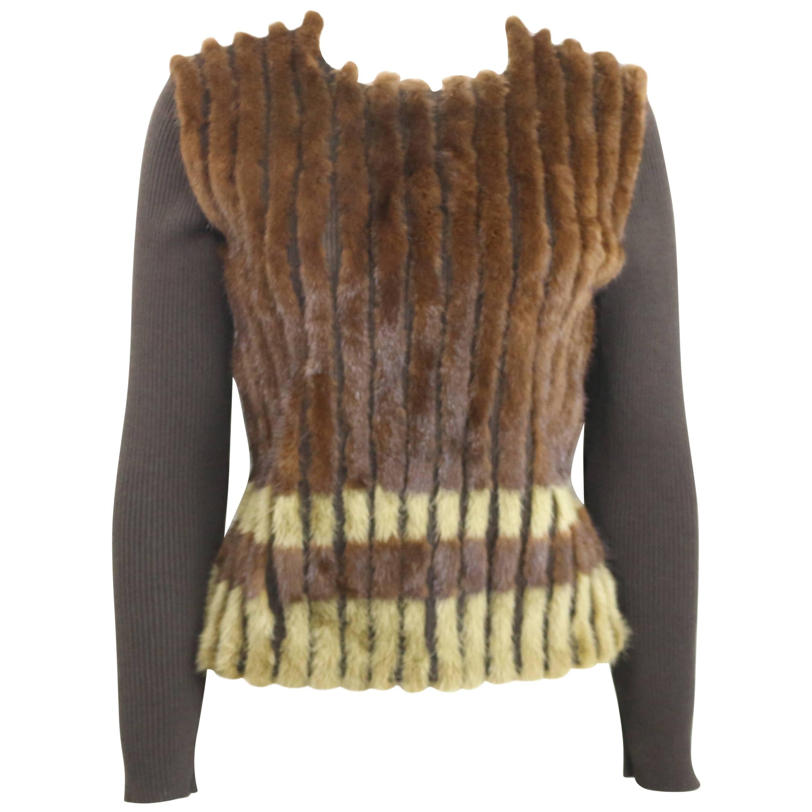Prada Brown Wool Knitted with Fur Dyed Mink Top 
